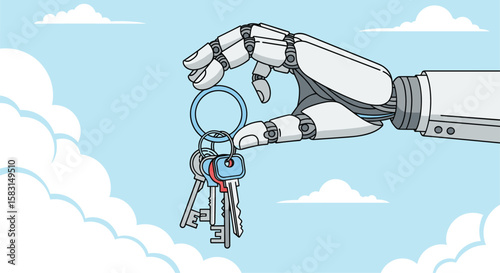 A futuristic robotic hand delivers a set of keys representing opportunity and new beginnings in a bright sky scene