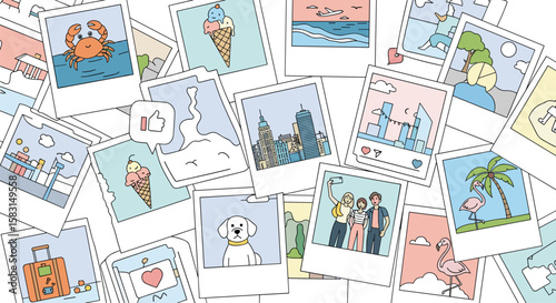 Collection of vintage style polaroids featuring summer vacation memories and cute illustrations