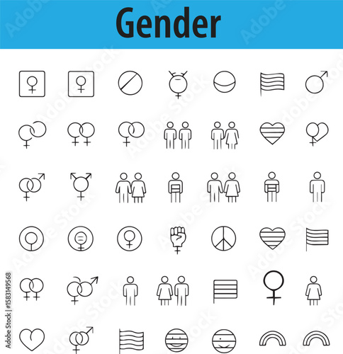 Gender Line Icons, Male, Female, Transgender, Non-Binary, Gender Neutral, Editable Formats: AI, EPS, PNG, Ideal for Both UI and Print Media Use
