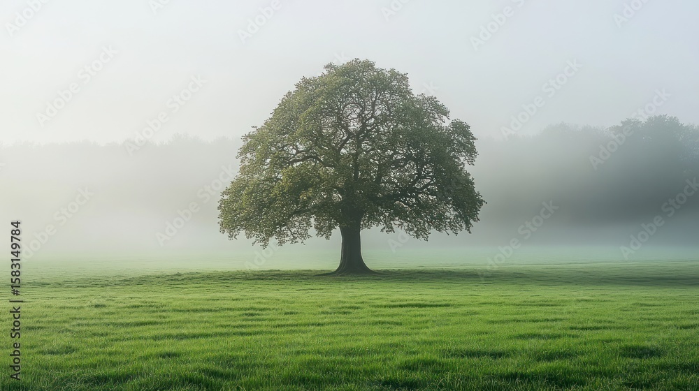 Fototapeta premium Misty morning in a field with a lone tree