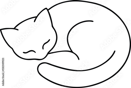 Silhouette of a sleeping cat curled up in a peaceful position with line art design