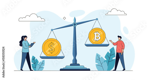 Conceptual illustration of economic balance and financial parity represented by a scale with digital currency and people