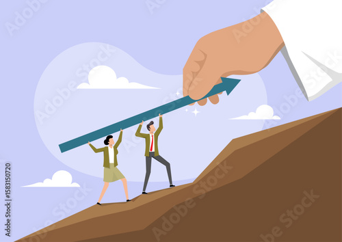 business people carrying a large, upward-pointing blue arrow up