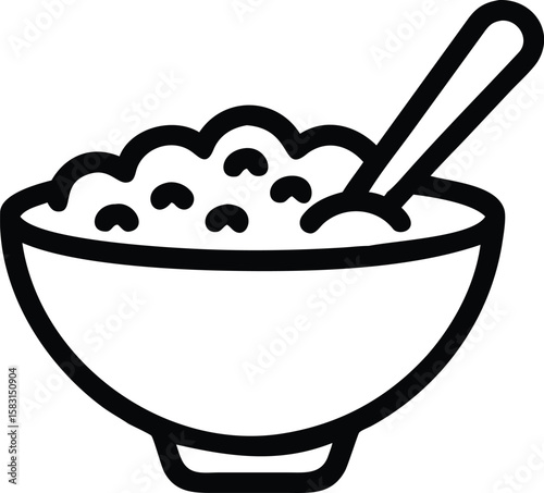 Black silhouette of breakfast cereal bowl with spoon on a transparent background