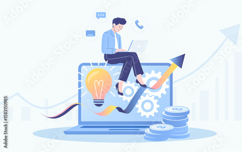 Man working on laptop with financial growth business