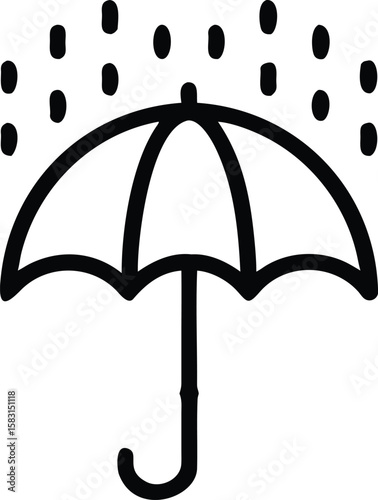 Silhouette of an open umbrella with raindrops illustration design in black and white line art