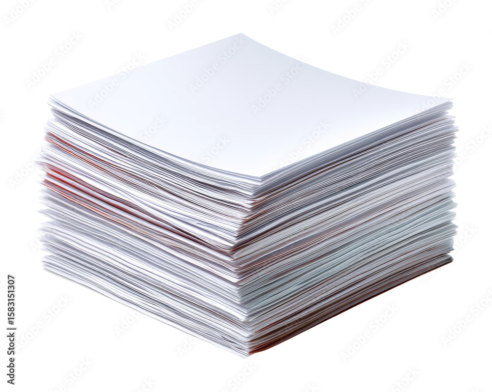 Stack of blank paper sheets in office space minimalist design. Isolated on transparent background, png. Stack of blank paper sheets in office space minimalist design. Isolated on transparent background, png.