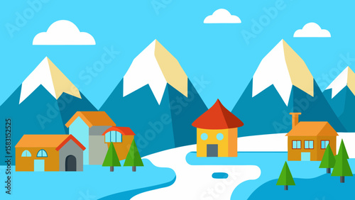 Picturesque Cartoon Mountain Village During Spring Melt