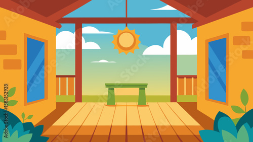 Bright Cartoon Sunny Indoor Porch for Relaxing Day Enjoyment