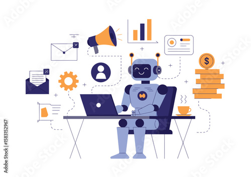Cheerful Humanoid Robot Working on Laptop Surrounded by Digital Marketing, Finance, and Data Analysis Icons Perfect for Technology, AI, Business Infographics, and Vector Design

