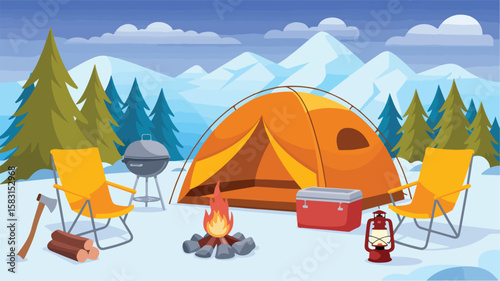 Snowy Adventure Vector Camping Scene Depicting a Mountain Landscape with Warm Colors and Cozy Tent