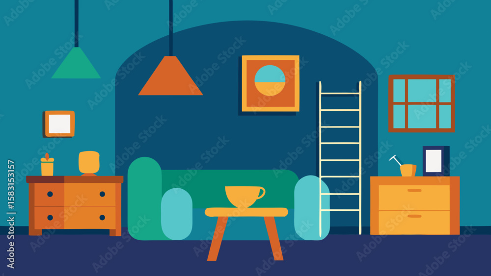 Naklejka premium Inviting Cartoon Loft Area with a Ladder and Cozy Furniture