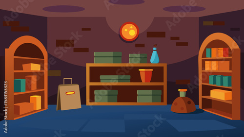 A Cartoon Basement Room with Warm Lights and Shelves