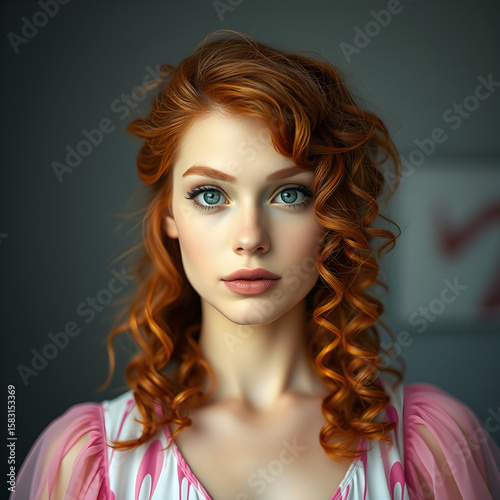 Ethereal Redheaded Woman in Flowing Pink Gown with Curly Hair – Fantasy Portrait. Generative AI