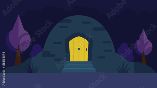 A Cartoon Secret Hideout with a Glowing Doorway