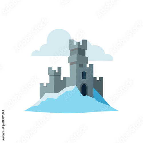 ancient castle ruins buried in thick snow on white 