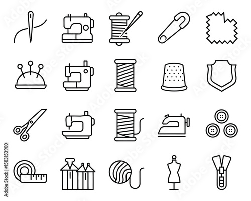 Sewing Vector Icon Set – Needle, Thread, Scissors, Sewing Machine, Buttons, Zipper, Fabric, Yarn, Measuring Tape, Tailoring & Fashion Craft Line Style Icons
