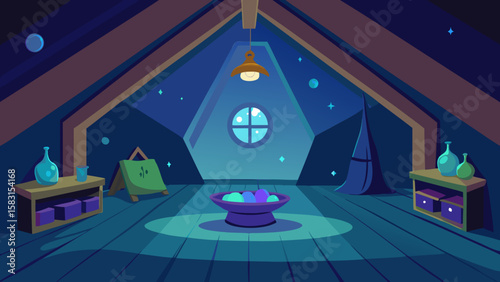 A Cartoon Attic Spell Room with Magical Lights