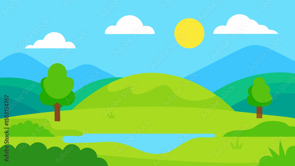 Fototapeta premium A Flat Cartoon Nature Scene with Bright Green Land
