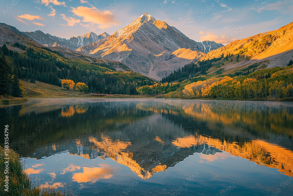 Obraz premium A serene mountain lake at dawn, the sunrise reflecting in the still waters and the surrounding peaks bathed in golden light