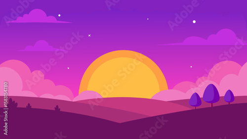 Colorful Sunset in a Cartoon Meadow with Purple Sky