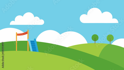 Clear Summer Sky Over an Open Green Playground Hill