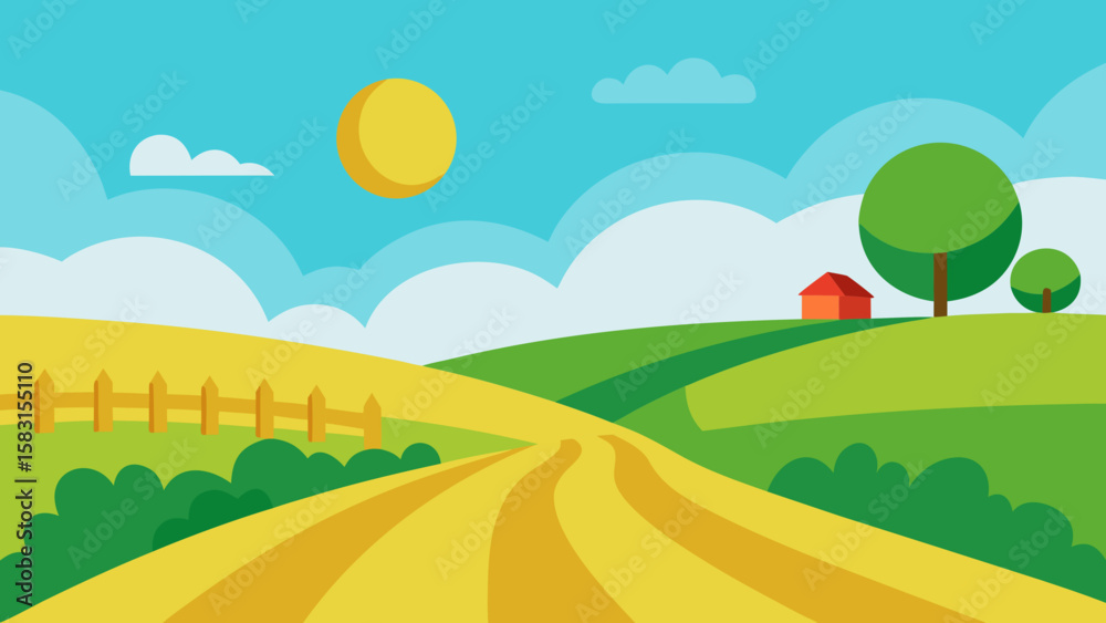 Fototapeta premium Sunny Countryside with a Dirt Road and Simple Greenery