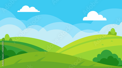 Vibrant Cartoon Meadow with Rolling Green Hills Under Blue Sky