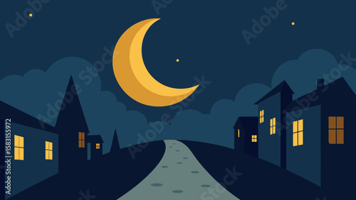Enchanting crescent moon shining over a cozy enchanted street