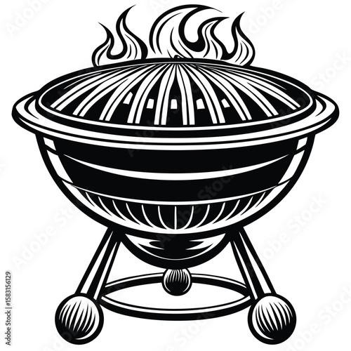 Black barbecue grill with flames black and white cooking