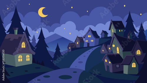Serene quiet enchanted village illuminated under glowing stars