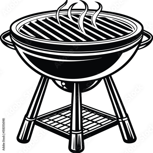 Black barbecue grill with smoke black and white silhouette