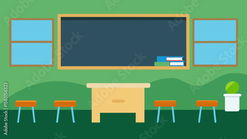 Unique open air classroom cartoon scene with a classic chalkboard
