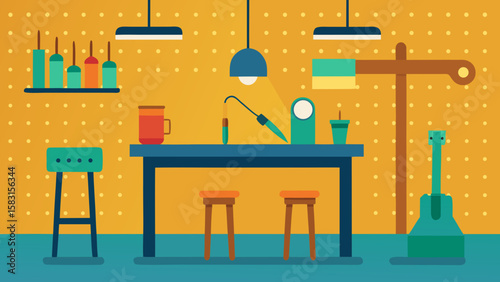 Organized flat indoor workshop scene with craft tools and pegboard