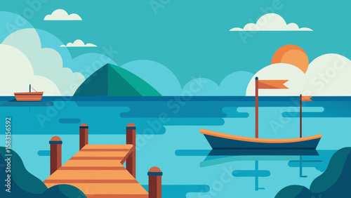 Peaceful small island dock scene with boats tied to posts