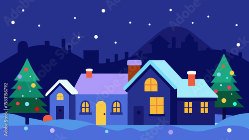 Magical snowy Christmas village at twilight with colorful glowing lights