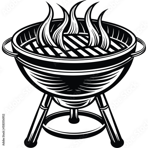 Black and white barbecue grill with flames cooking