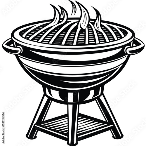 Black and white barbecue grill with flames cooking