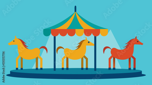 Charming empty carousel horses standing still on a quiet platform