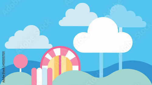 Whimsical amusement park featuring fluffy cotton candy clouds