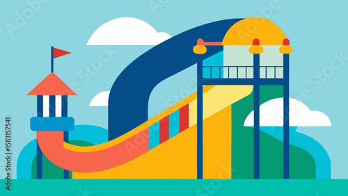 An Amusement Park Water Slide is Visible in the Background of a Sunny Park Scene
