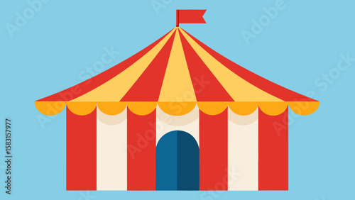 A Whimsical Cartoon Funhouse Features a Colorful and Bright Striped Tent Roof