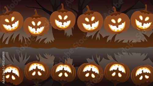 Rows of halloween pumpkins with glowing faces in a spooky night time scene with trees and grass background