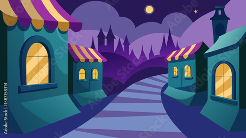 Fantasy Shopfronts in Winding Enchanted Alley Vector Art