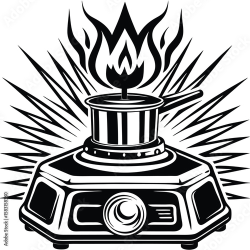 Black and white stove with flames cooking fire