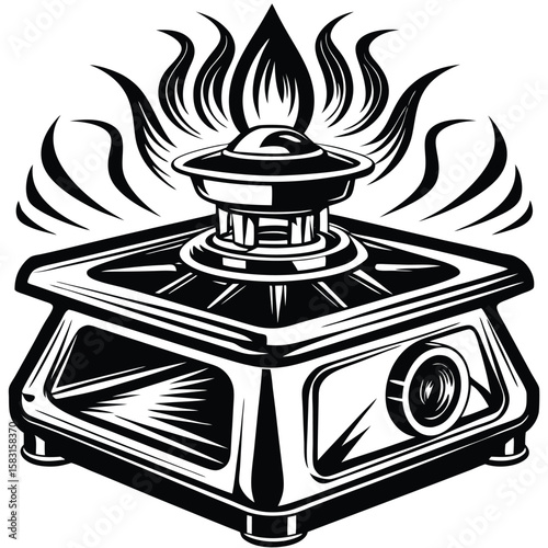 Black and white stove with flames burner heat