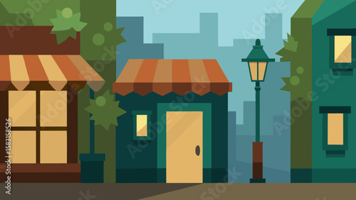 Cartoon Street of Old Shops with Lanterns and Ivy Vector Art