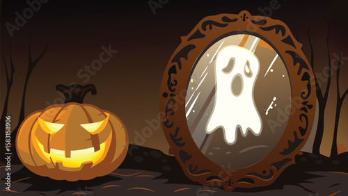 Halloween scene with a jack o lantern and a ghost reflected in an ornate mirror frame design