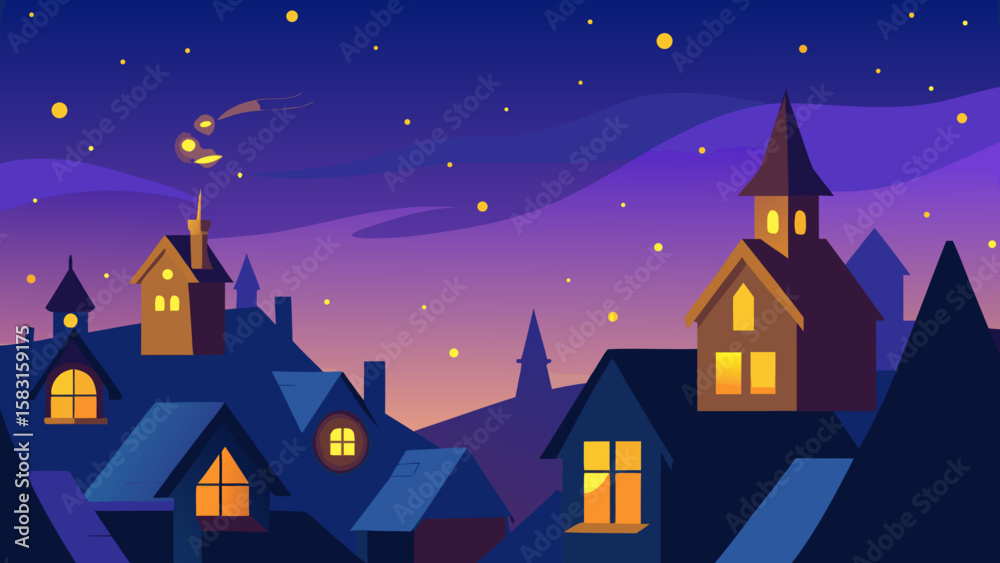 Naklejka premium Fantasy Village Rooftops Under Glowing Stars Night Sky Illustration