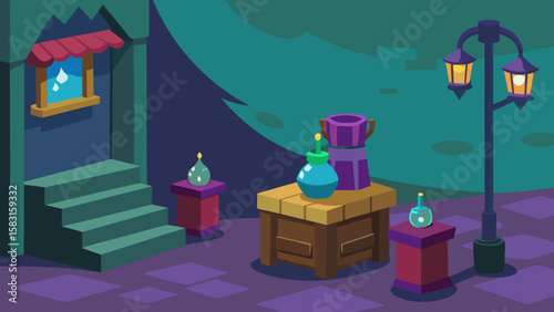 A Fantasy Street Corner is Cluttered with Magic Crates and Glowing Potion Bottles